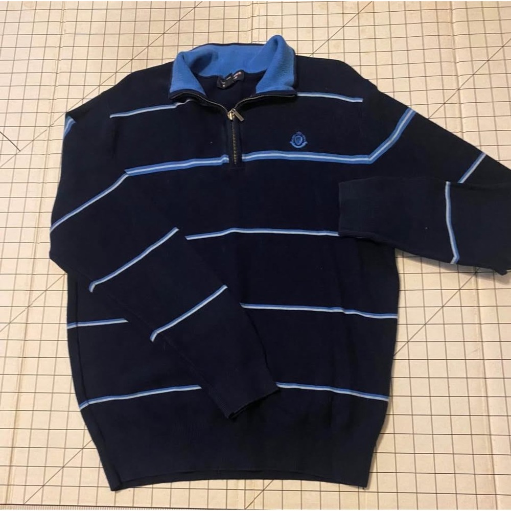 Men's sz M Navy Blue Striped Quarter Zip Cotton Sweater